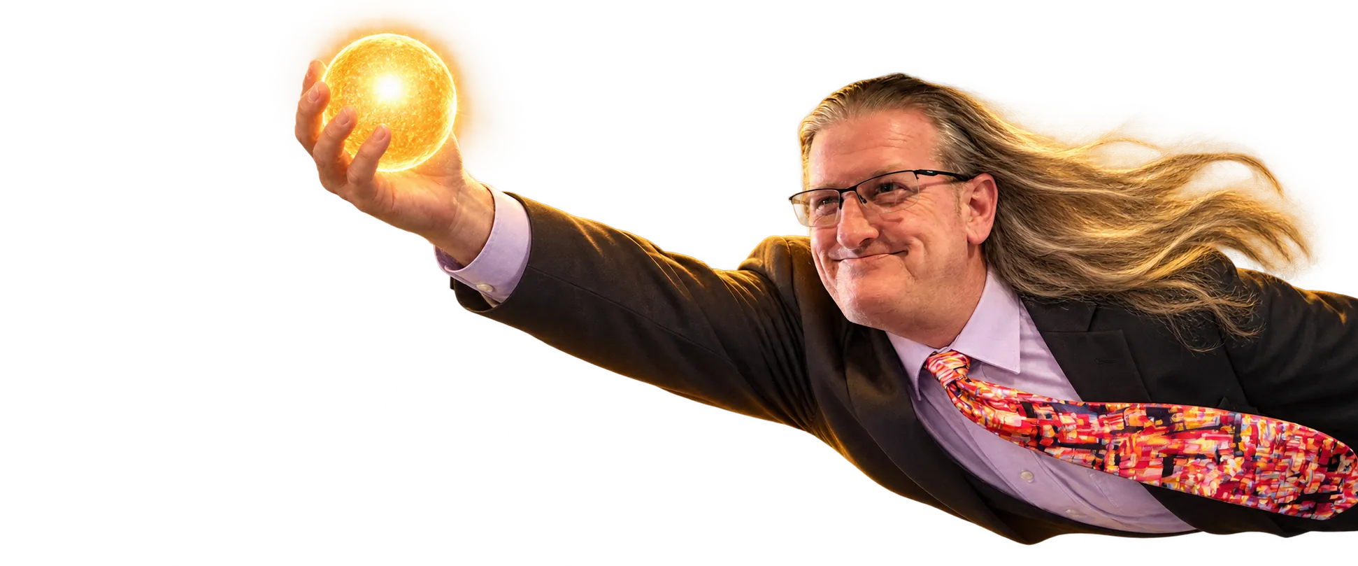 Illustration of Ken Knorr flying horizontally into view in a suit, holding a glowing golden orb